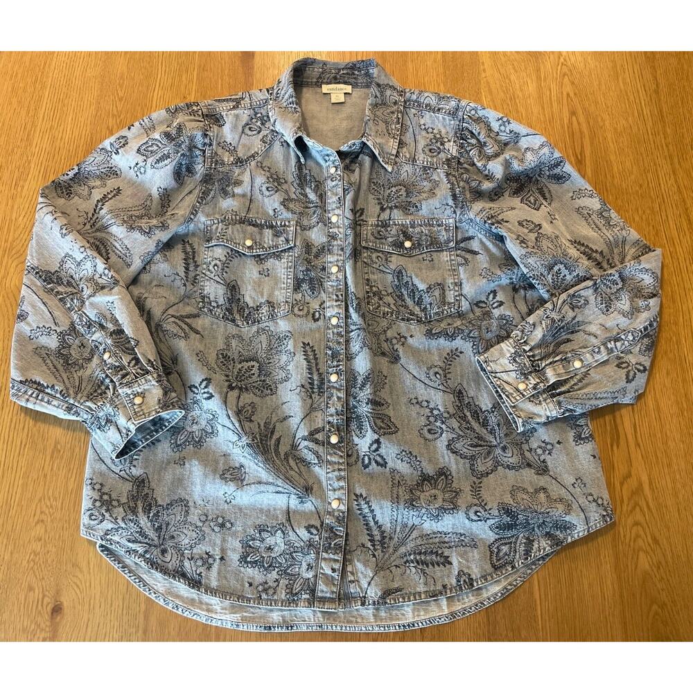 Sundance Light Blue Denim Floral Print Button-Up Blouse